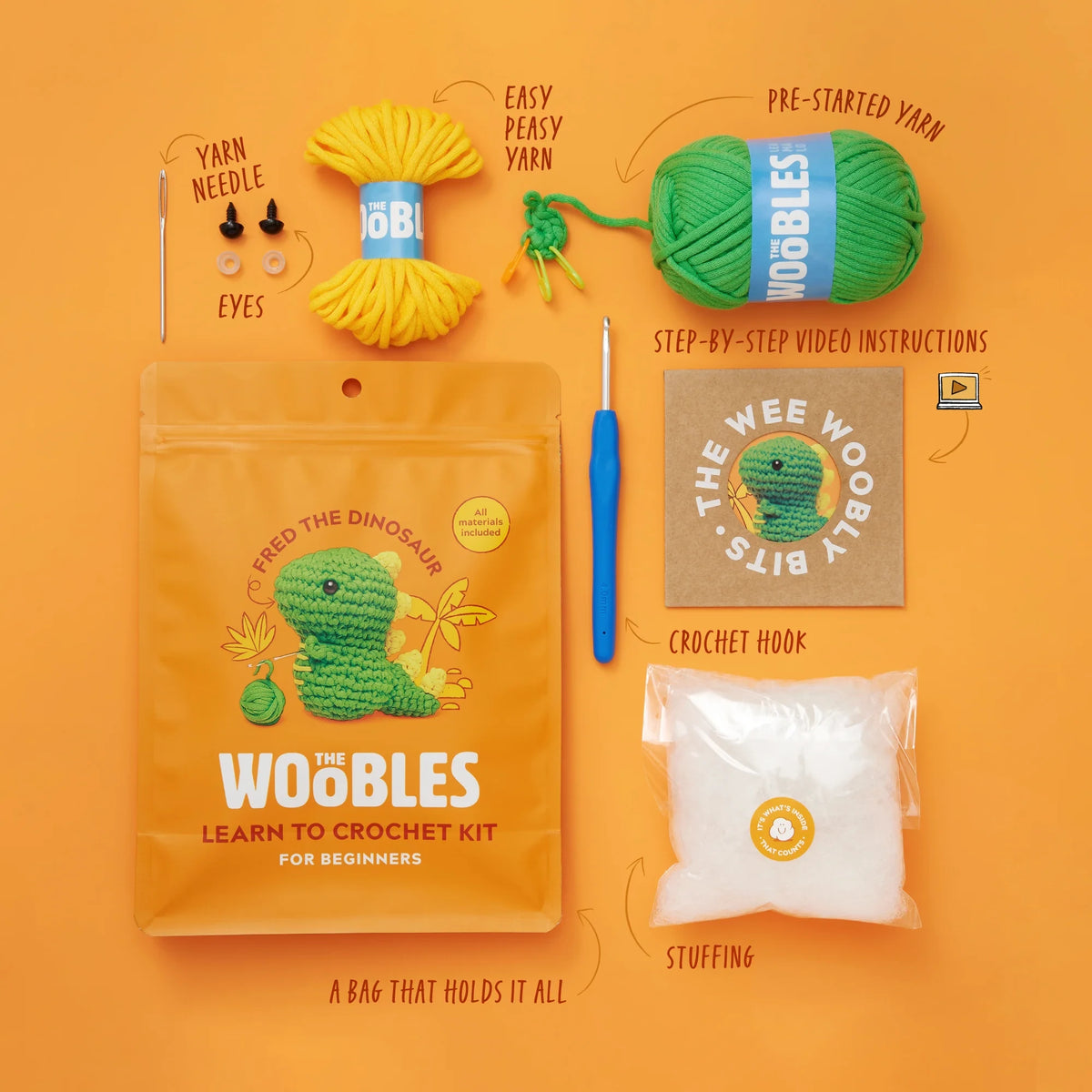 Fred the Dinosaur Crochet Kit for Beginners with Welcome Charm Bracelet